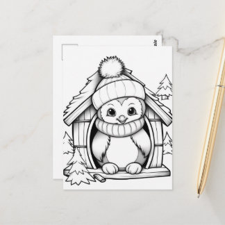 Festive penguin kids colouring postcard