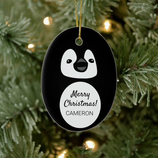 Festive Penguin Pal: Personalized Oval Christmas O Ceramic Ornament (Tree)