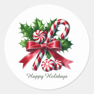 Festive peppermint candy Happy Holidays Christmas Classic Round Sticker