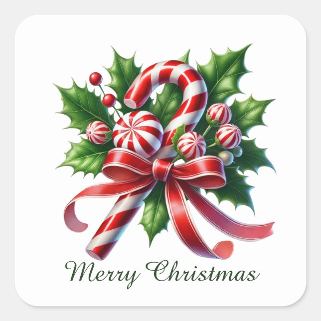 Festive peppermint candy Merry Christmas Square Sticker (Front)