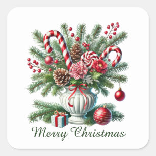 Festive peppermint candy Merry Christmas  Square Sticker