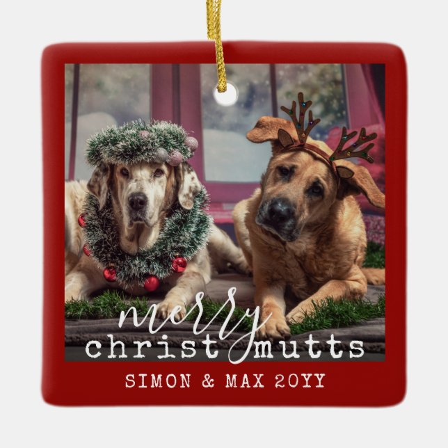 Festive Personalized Funny Dogs Photo ChristMUTTS Ceramic Ornament (Front)