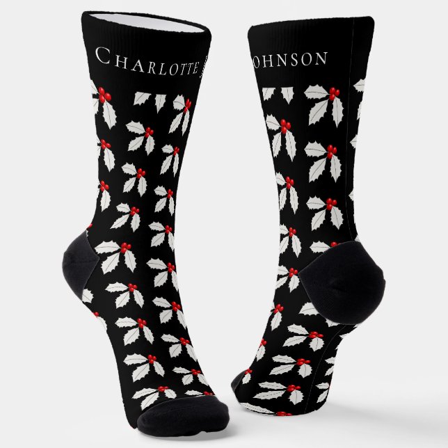 Festive Personalized Holly Berry Black Christmas Socks (Angled)
