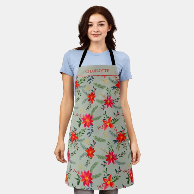 Festive Personalized Red ChristmasFloral Apron (Worn)