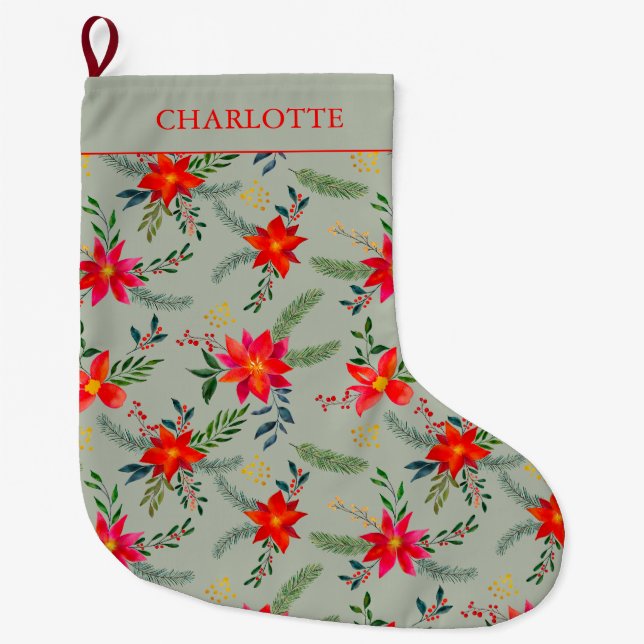 Festive Personalized Red ChristmasFloral Large Christmas Stocking (Front)