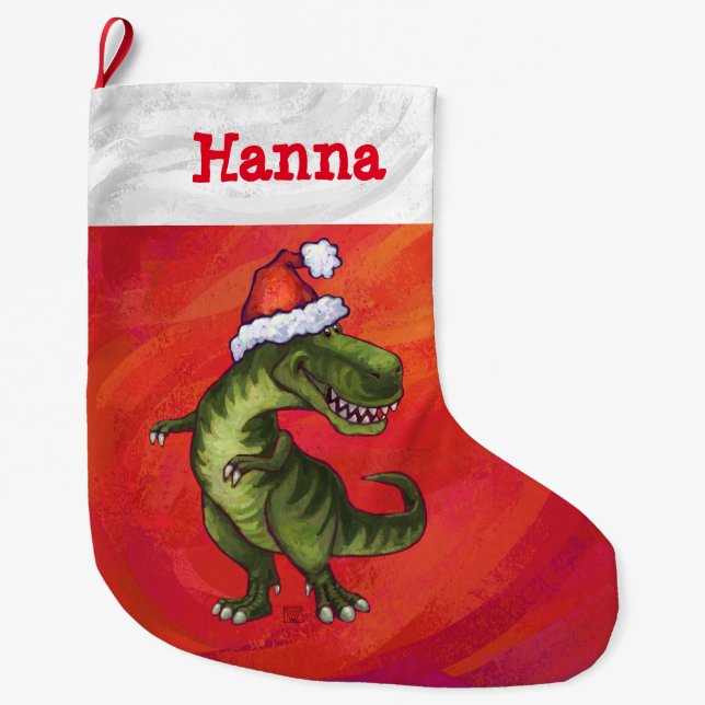 Festive Personalized Tyrannosaurus Christmas Large Christmas Stocking (Front)