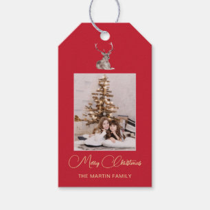 Festive Photo with Winter Deer Red Christmas Gift Tags