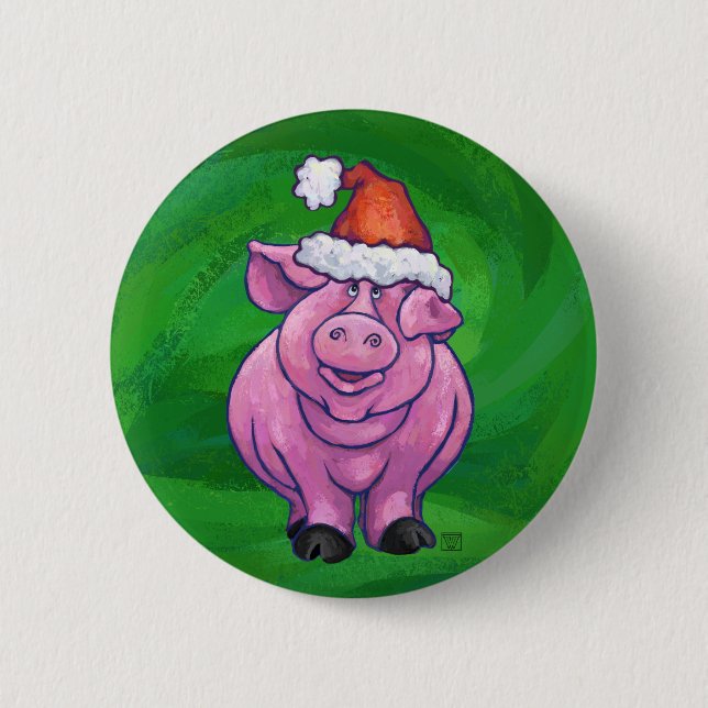 Festive Pig in Santa Hat on Green 2 Inch Round Button (Front)