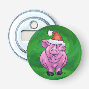 Festive Pig in Santa Hat on Green Bottle Opener