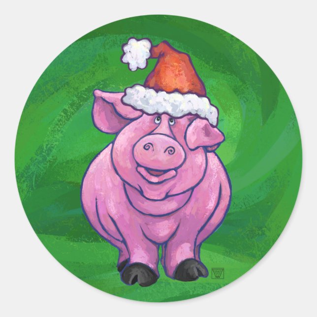 Festive Pig in Santa Hat on Green Classic Round Sticker (Front)