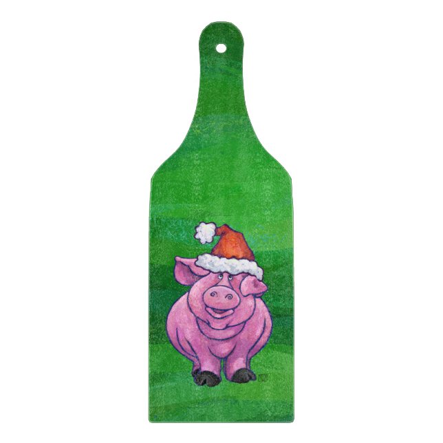 Festive Pig in Santa Hat on Green Cutting Board (Front)