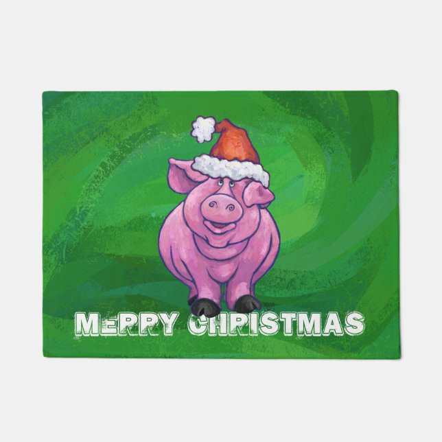 Festive Pig in Santa Hat on Green Doormat (Front)
