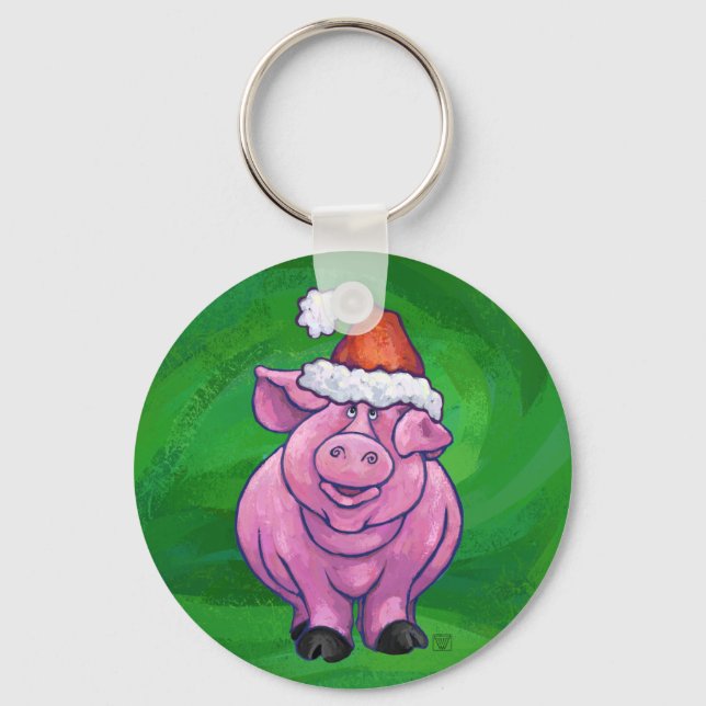 Festive Pig in Santa Hat on Green Keychain (Front)