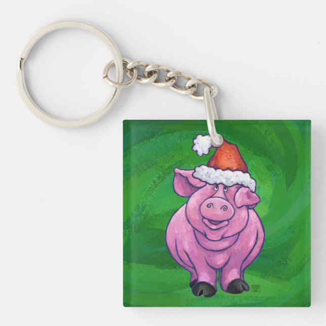 Festive Pig in Santa Hat on Green Keychain (Front)