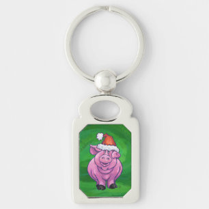 Festive Pig in Santa Hat on Green Keychain