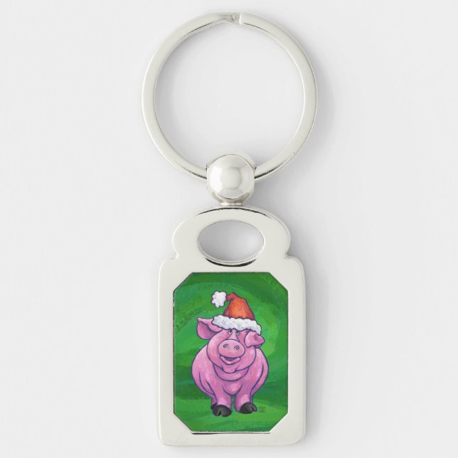 Festive Pig in Santa Hat on Green Keychain (Front)