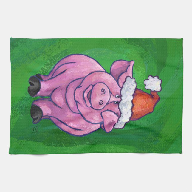 Festive Pig in Santa Hat on Green Kitchen Towel (Horizontal)