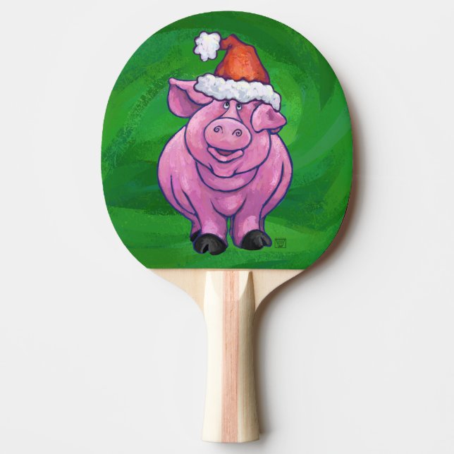 Festive Pig in Santa Hat on Green Ping Pong Paddle (Front)