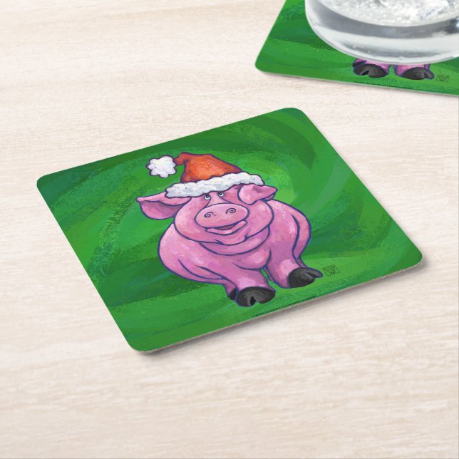 Festive Pig in Santa Hat on Green Square Paper Coaster (Angled)