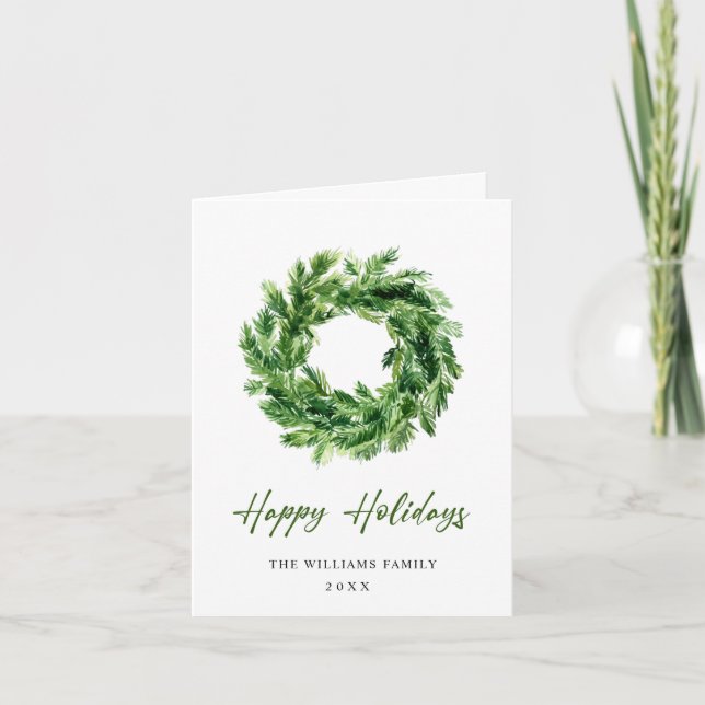 Festive Pine Branch Wreath Christmas Holiday Card (Front)