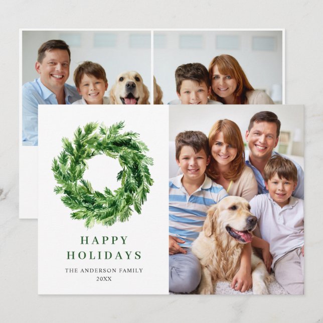 Festive Pine Branch Wreath Christmas Pine 3 PHOTO Holiday Card (Front/Back)