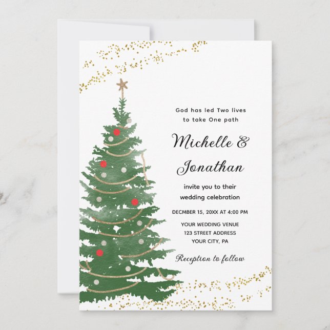 Festive Pine Christmas Tree Star Christian Wedding Invitation (Front)