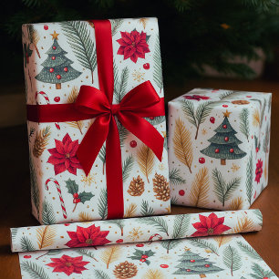 Festive Pine, Poinsettia Christmas Tree Wrapping Paper