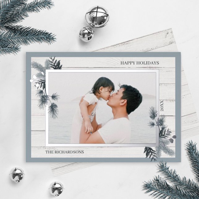 Festive Pine & Rustic White Wooden Shiplap Photo Foil Holiday Card (Creator Uploaded)