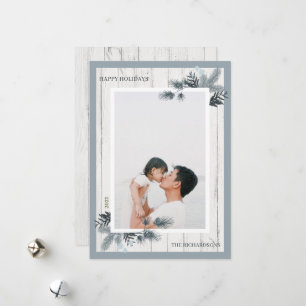 Festive Pine & Rustic White Wooden Shiplap Photo Holiday Card