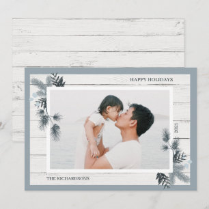 Festive Pine & Rustic White Wooden Shiplap Photo Holiday Card