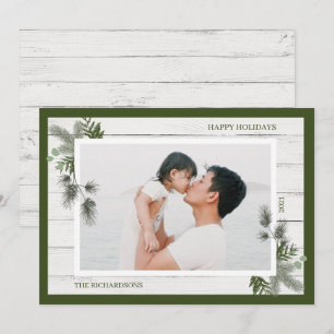 Festive Pine & Rustic White Wooden Shiplap Photo Holiday Card