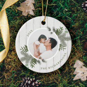 Festive Pine & Rustic White Wooden Shiplap Photos Ceramic Ornament