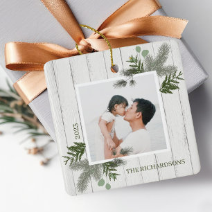 Festive Pine & Rustic White Wooden Shiplap Photos Ceramic Ornament