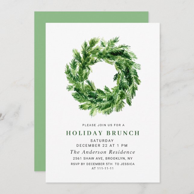 Festive Pine Wreath CHRISTMAS HOLIDAY BRUNCH Invitation (Front/Back)