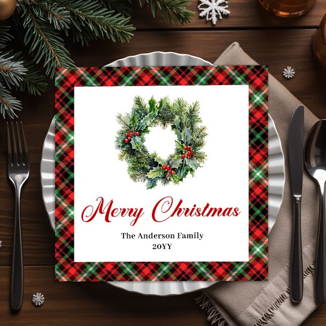 Festive Pine Wreath Christmas Napkins Custom Text (Festive Pine Wreath Christmas Napkins Custom Text)