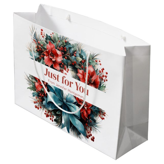 Festive Pine Wreath with Holly Christmas Large Gift Bag (Back Angled)