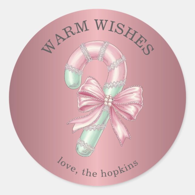 Festive Pink and Green Glitter Shiny Candy Cane Classic Round Sticker (Front)