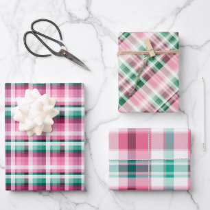 Festive Pink and Green Modern Twist Plaid Design Wrapping Paper Sheet