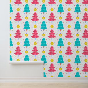 Festive pink blue Christmas tree pattern tiled Wallpaper