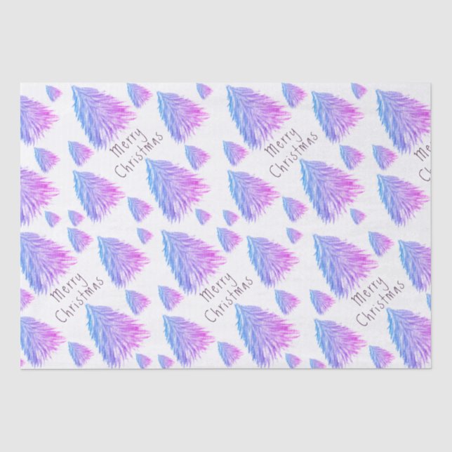 Festive Pink Blue Christmas Tree Watercolor Tissue Paper (Front)