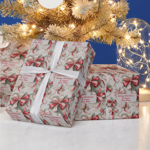 Festive pink bows green pine sprigs Christmas Wrapping Paper