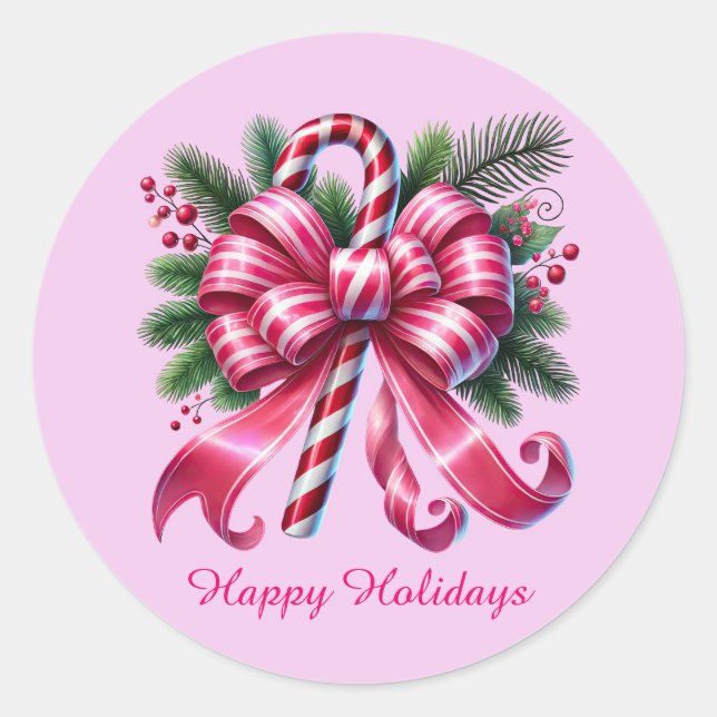 Festive pink Christmas customizable candy cane Classic Round Sticker (Front)