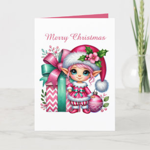 Festive pink Christmas customizable elf Holiday Card
