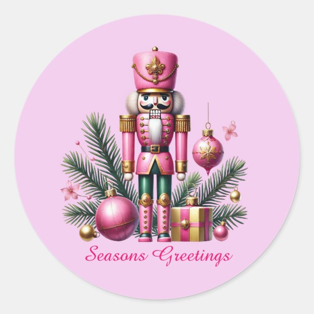 Festive pink Christmas customizable nutcracker Classic Round Sticker (Front)