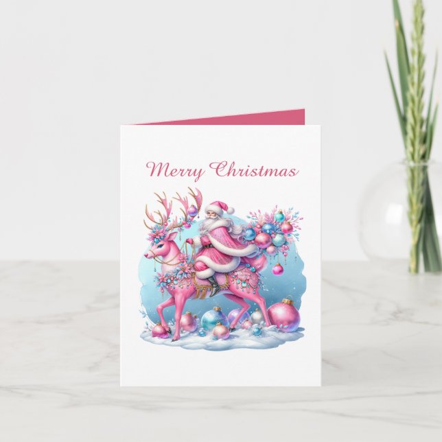 Festive pink Christmas customizable Santa  Holiday Card (Front)