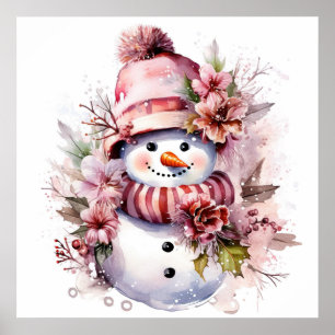 Festive pink Christmas snow woman  Poster