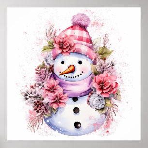 Festive pink Christmas snow woman  Poster