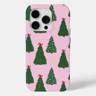 Festive Pink Christmas Tree Pattern iPhone 15 Pro Case