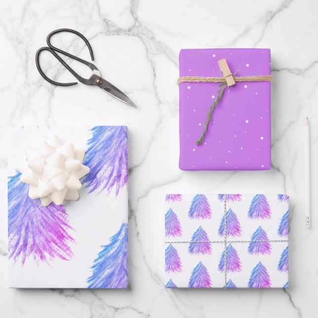Festive Pink Christmas Tree Watercolor Holiday Wrapping Paper Sheet (Front)