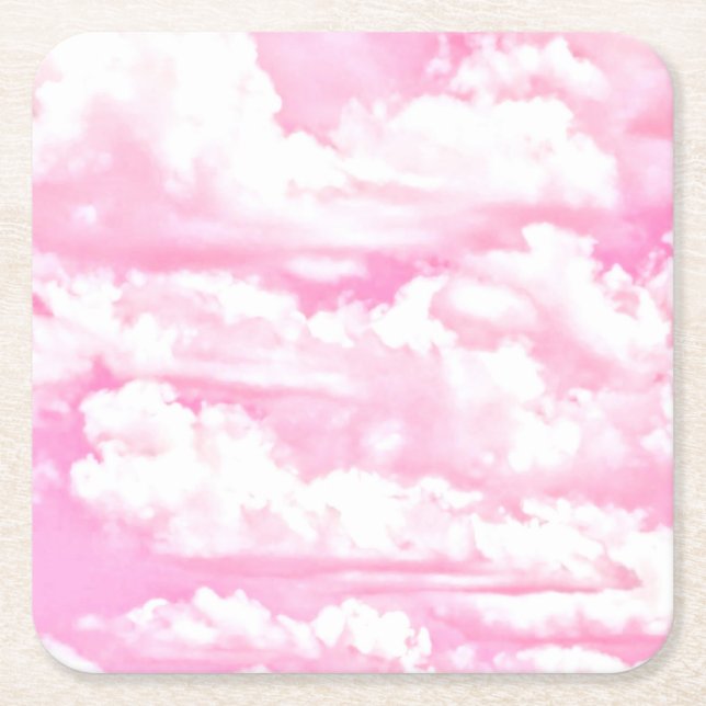 Festive Pink Clouds Square Paper Coaster (Front)
